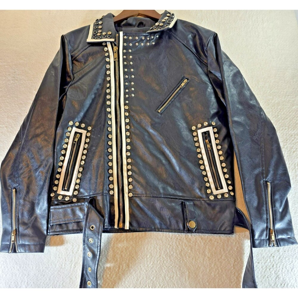 Rockstar Original Faux-Leather Biker Jacket Size L with Colorful Embroidered Sku
